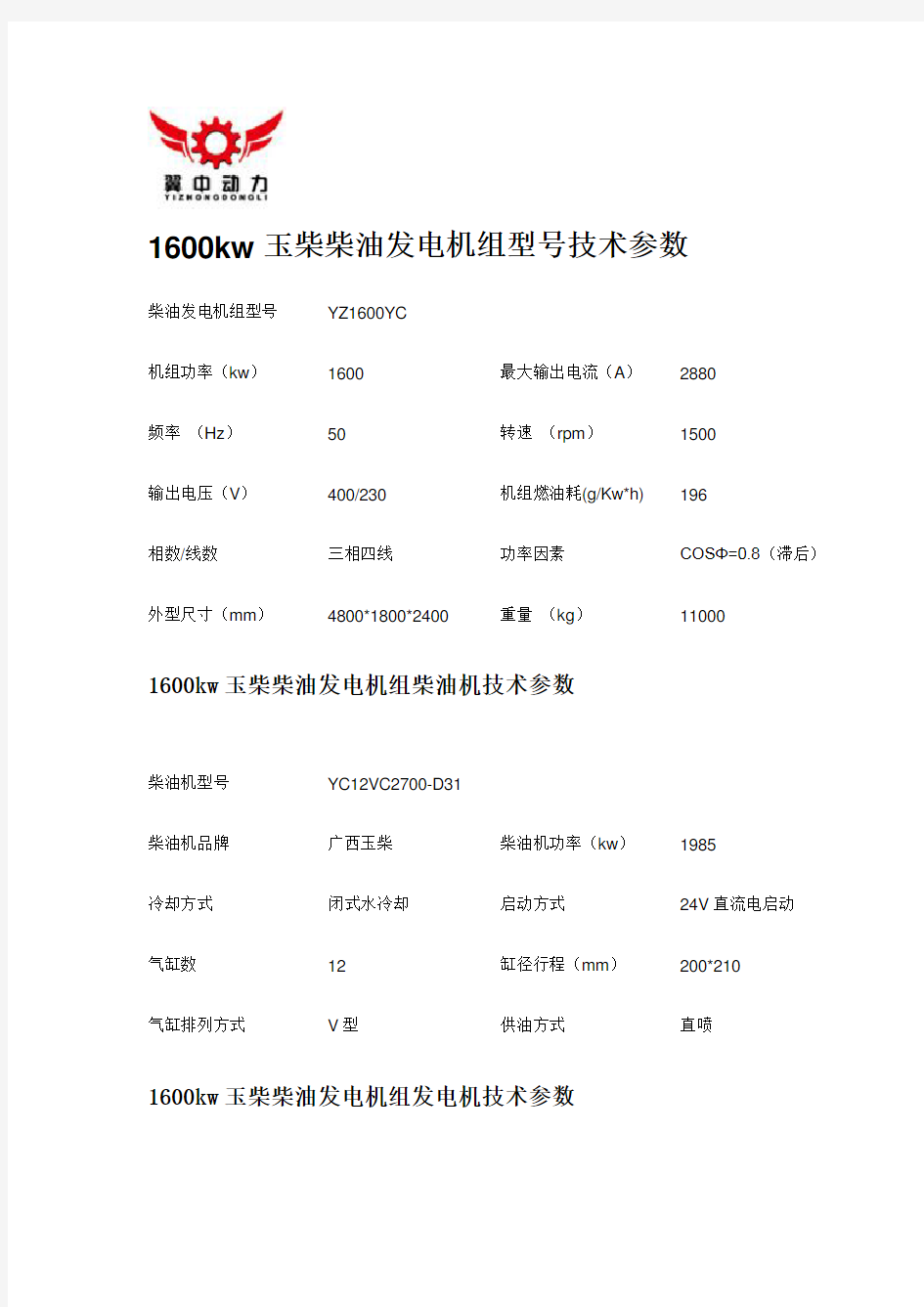 1600kw玉柴柴油发电机组型号技术参数