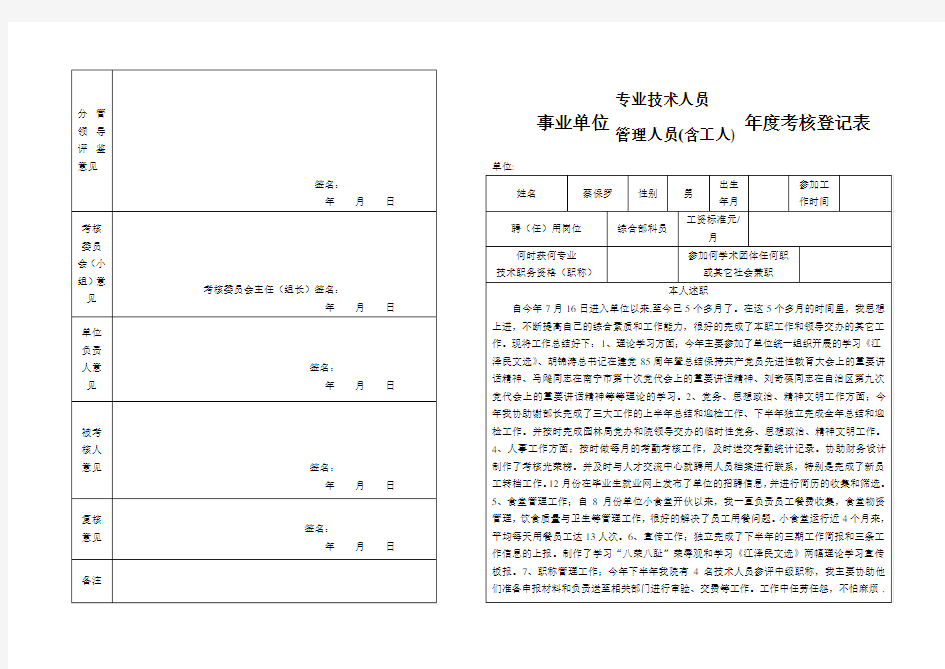 专业技术人员考核登记表