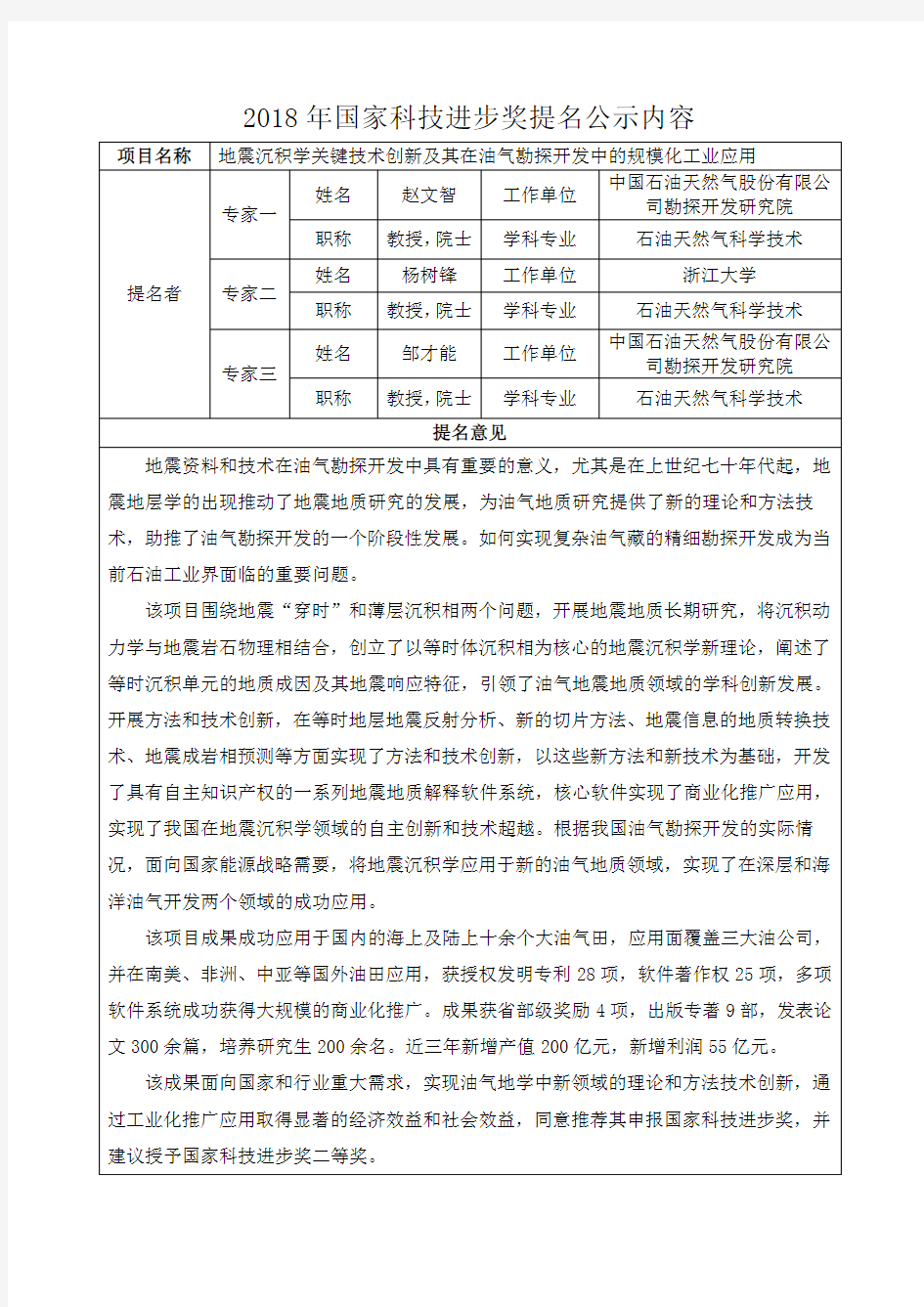 2018年国家科技进步奖提名公示内容