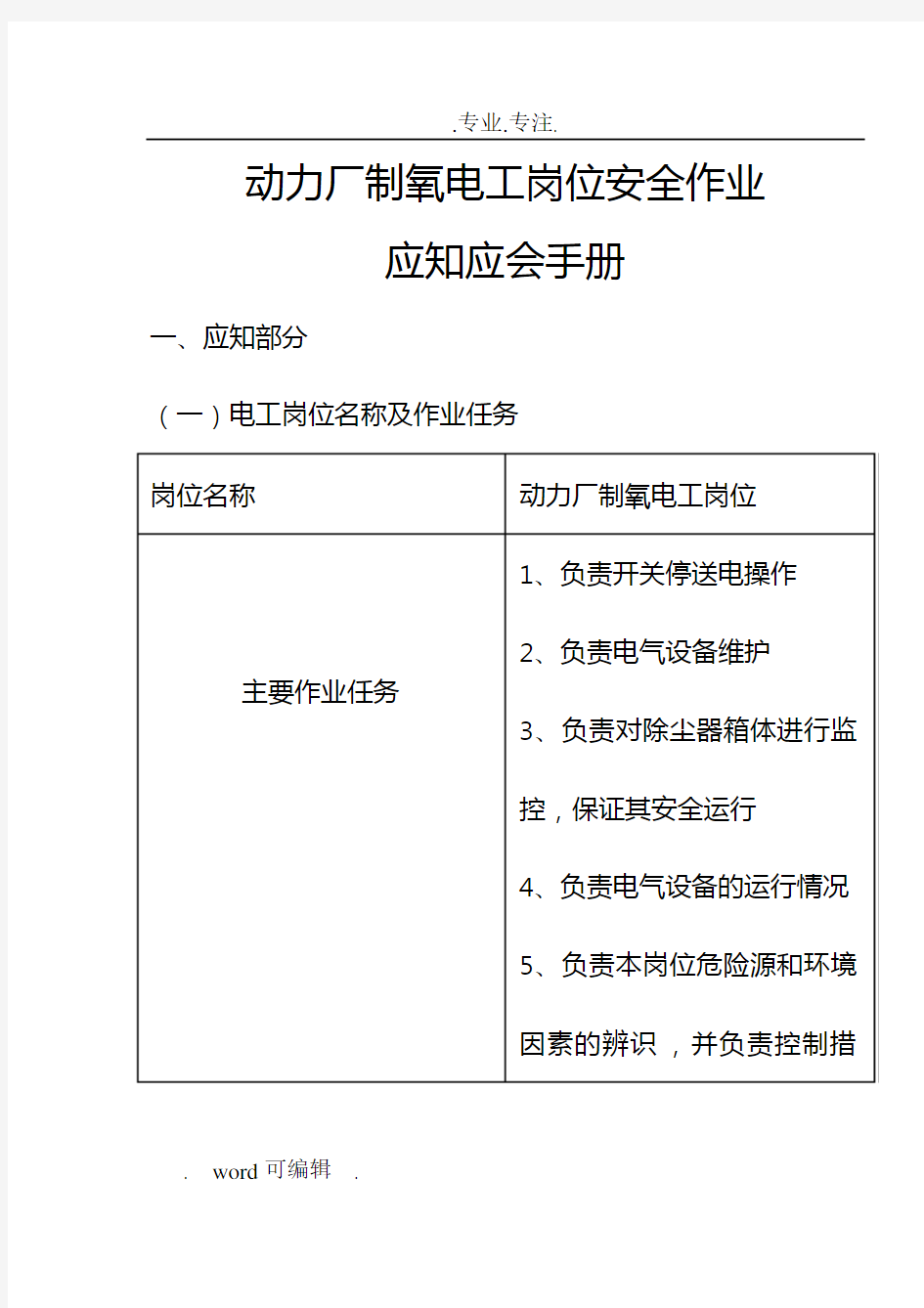 安全作业应知应会手册范本