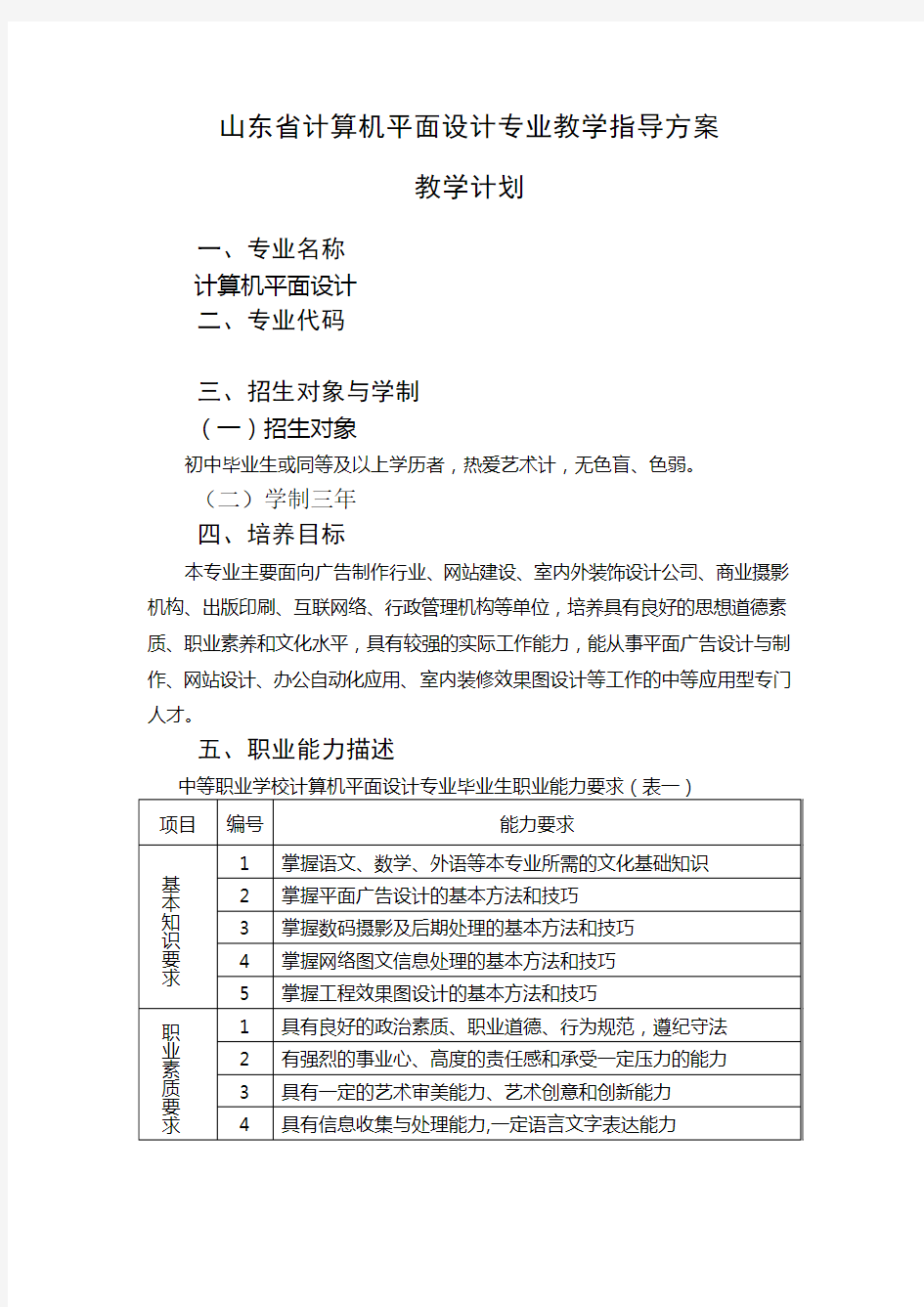 计算机平面设计专业教学计划