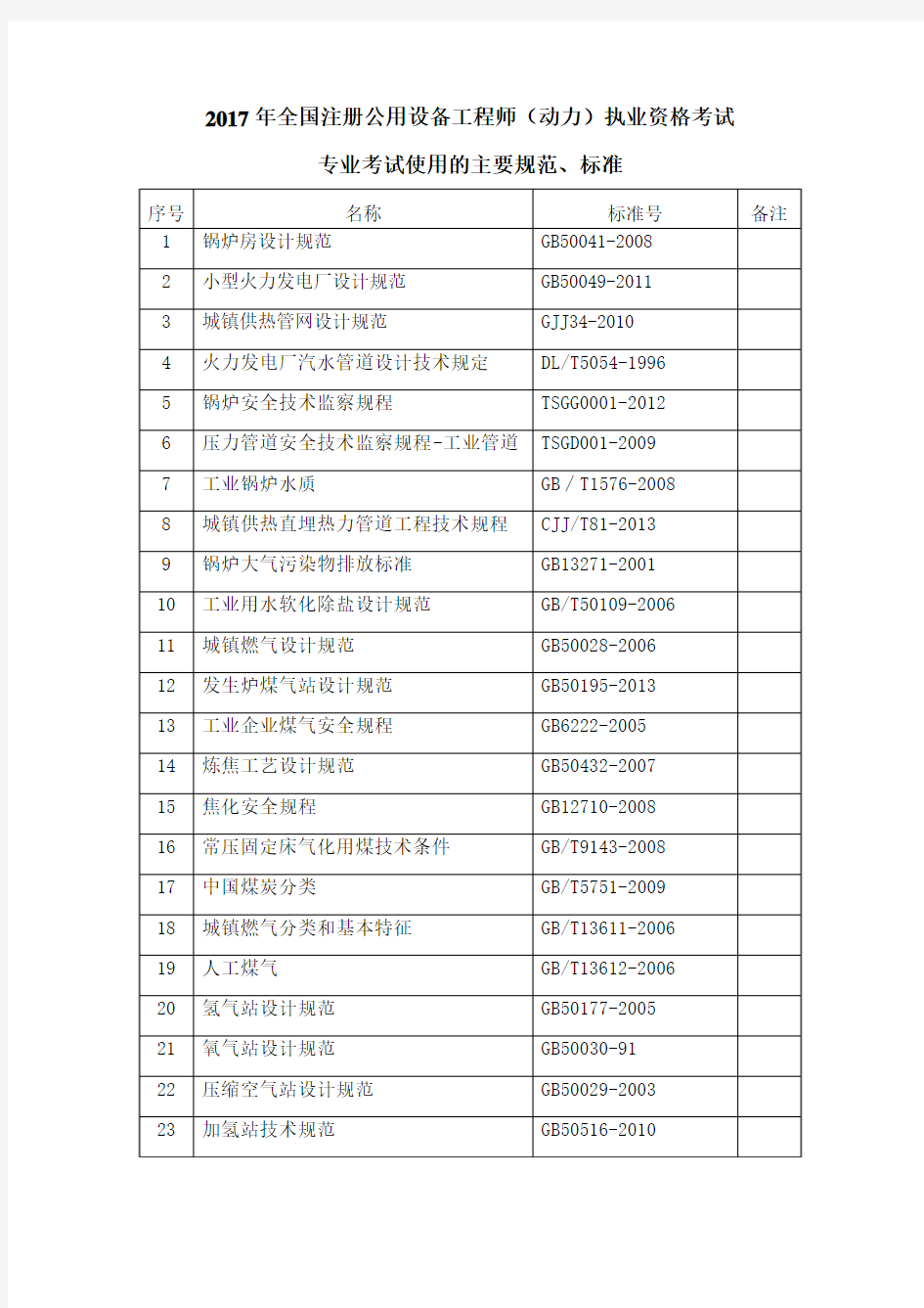 2017年全国注册公用设备工程师(动力)执业资格考试专业考试使用的规范标准