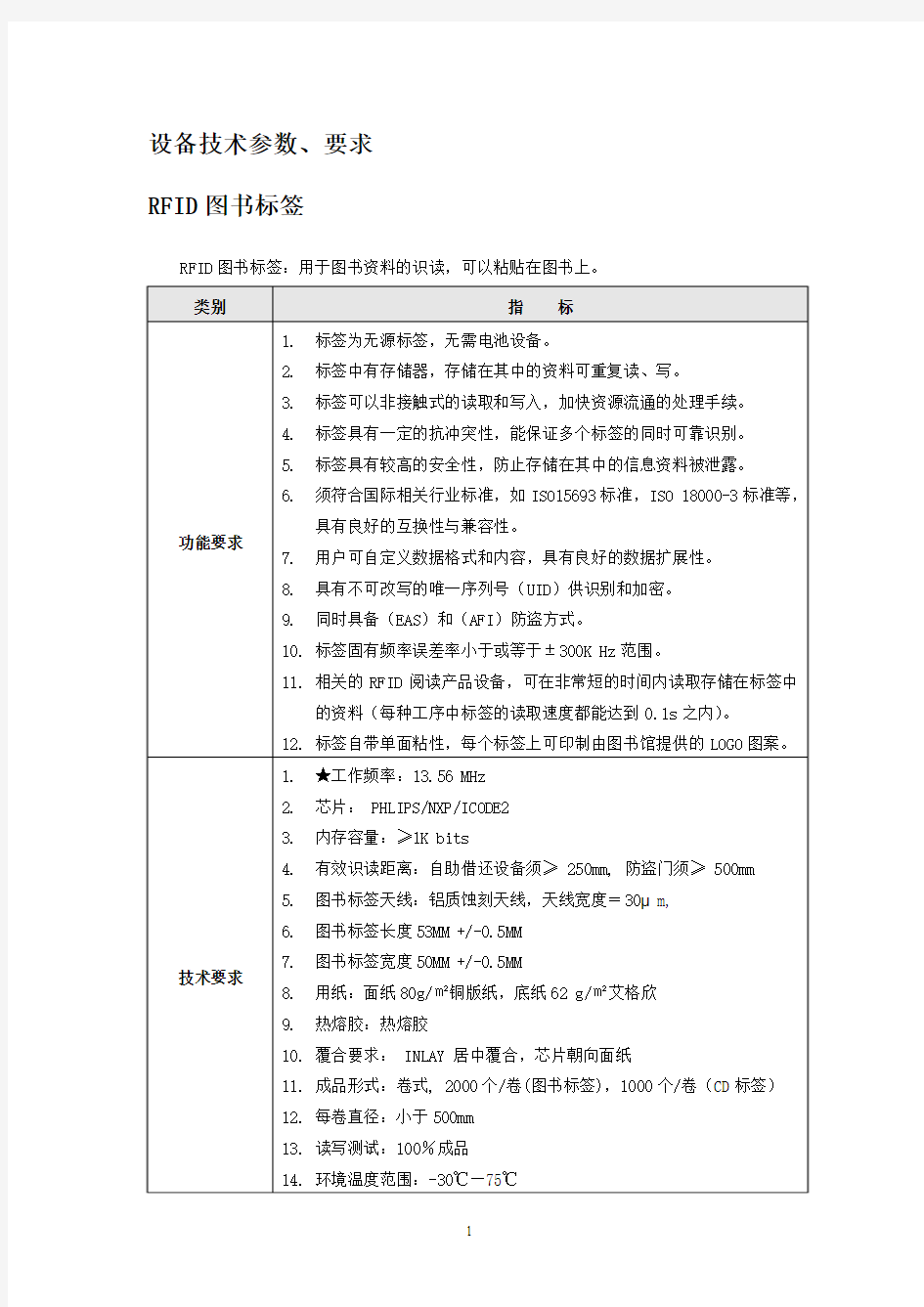 设备技术参数要求