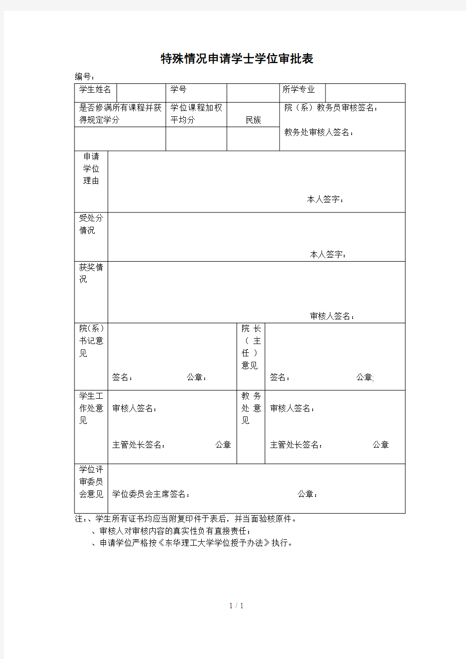 特殊情况申请学士学位审批表