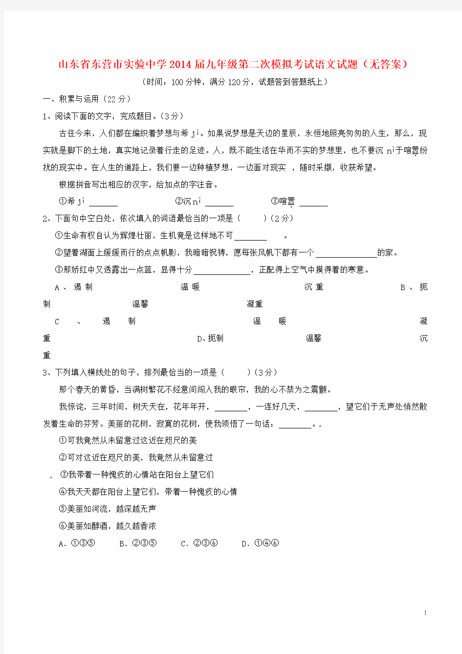 山东省东营市实验中学九年级语文第二次模拟考试试题(无答案)