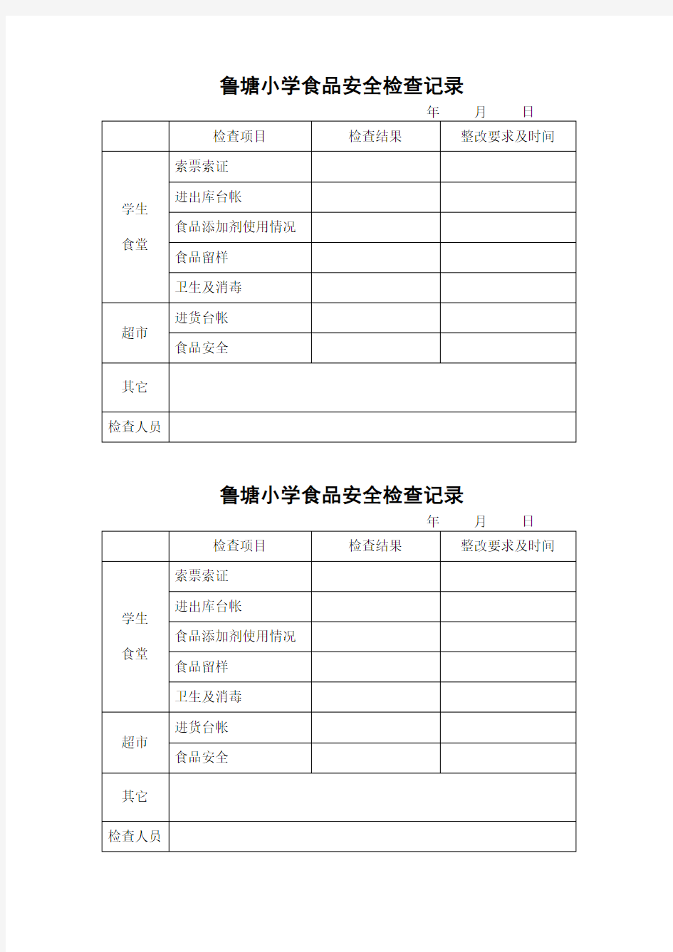 学校食堂食品安全检查记录表