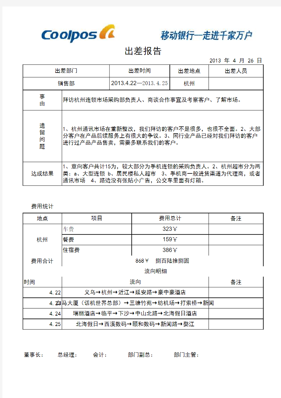 销售人员杭州出差报告模板