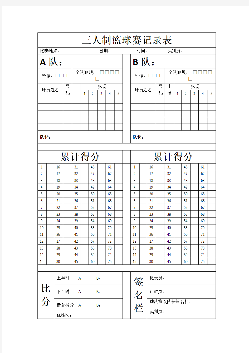 三人制篮球赛记录表