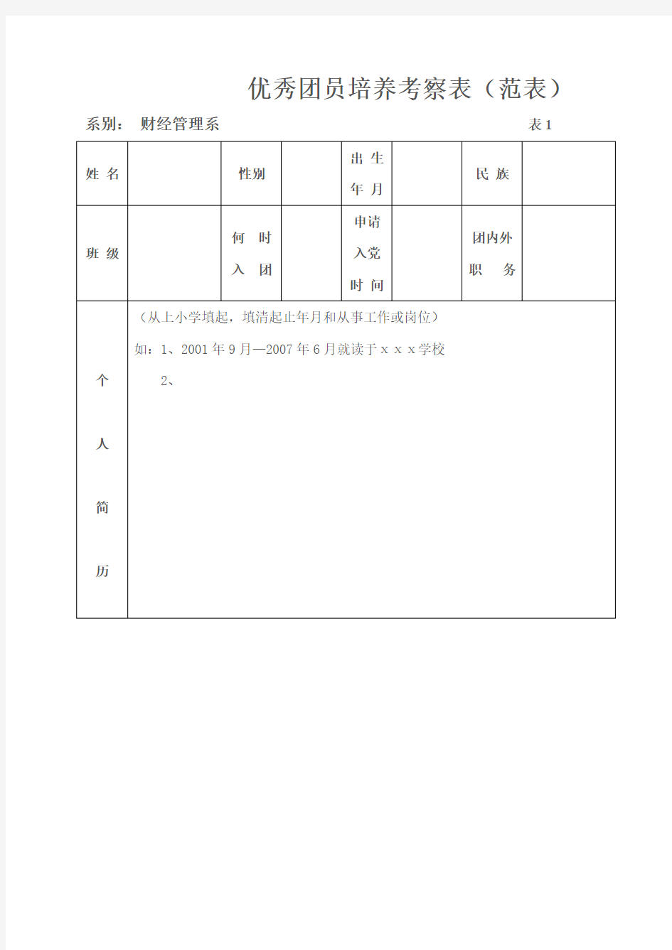 优秀团员培养考察表(范表)