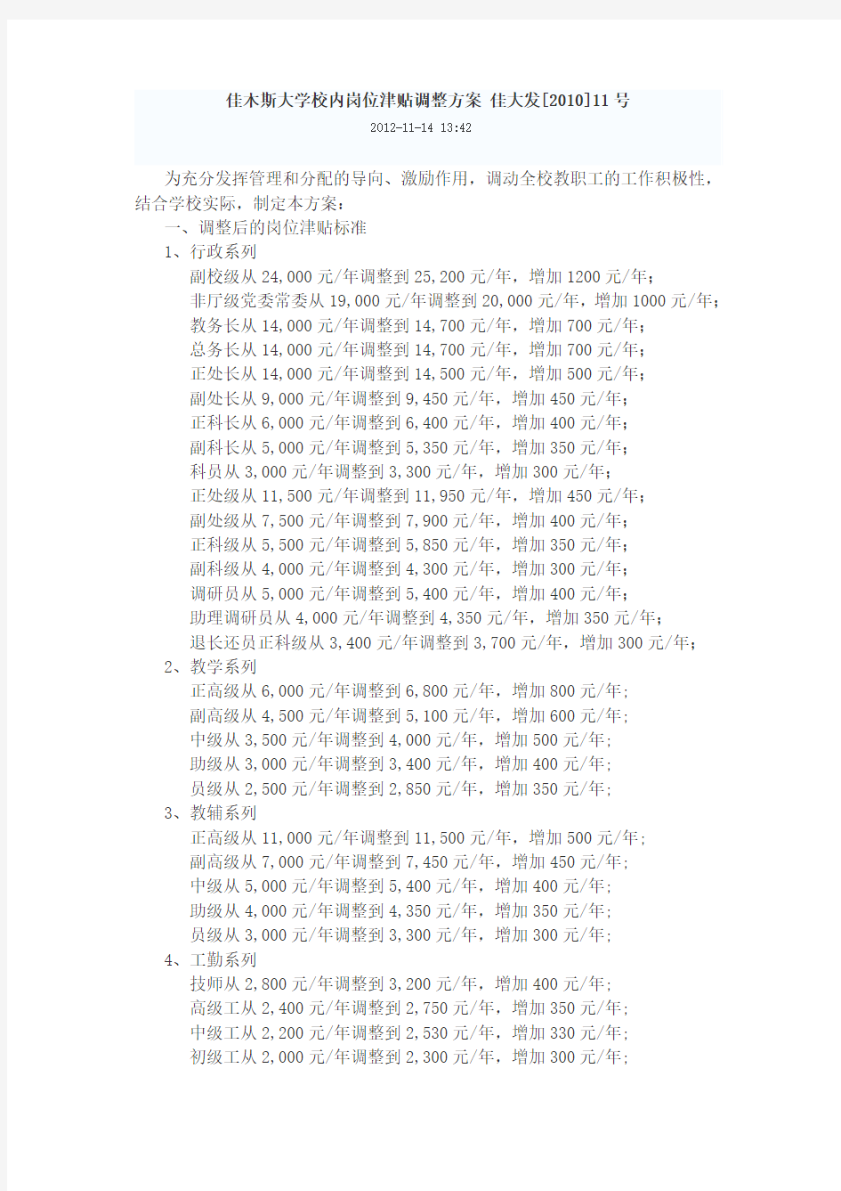 佳木斯大学校内岗位津贴调整方案 佳大发