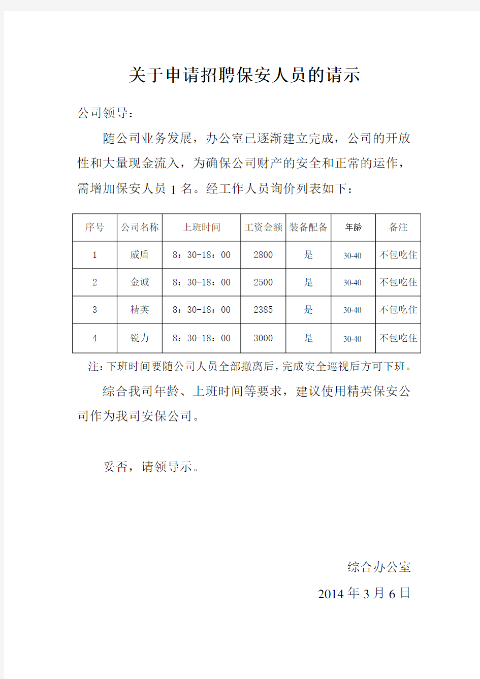 关于申请招聘保安人员的请示