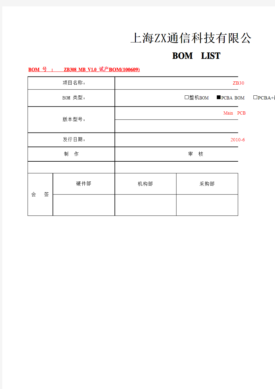 BOM表单格式