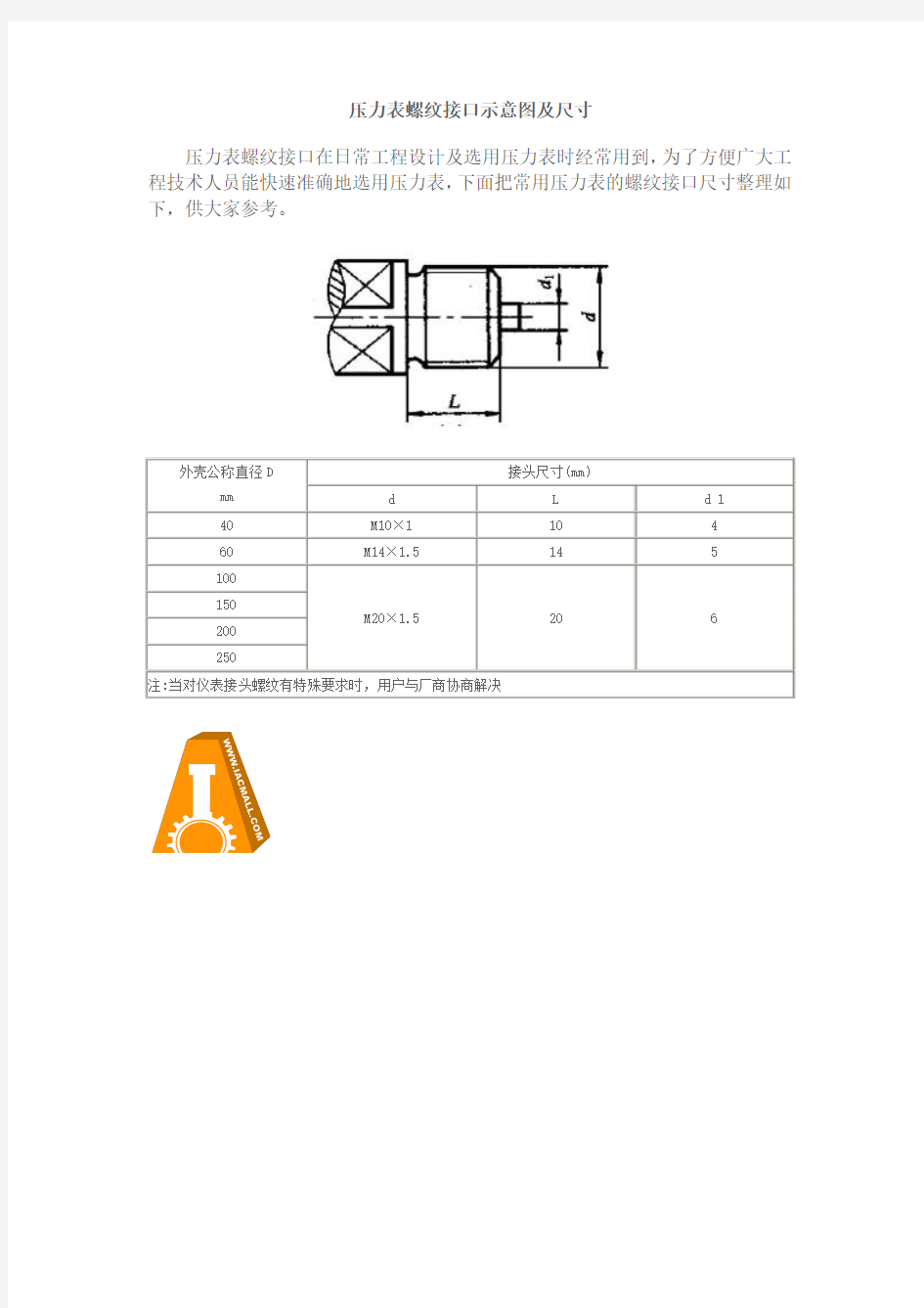 压力表螺纹接口主要安装尺寸