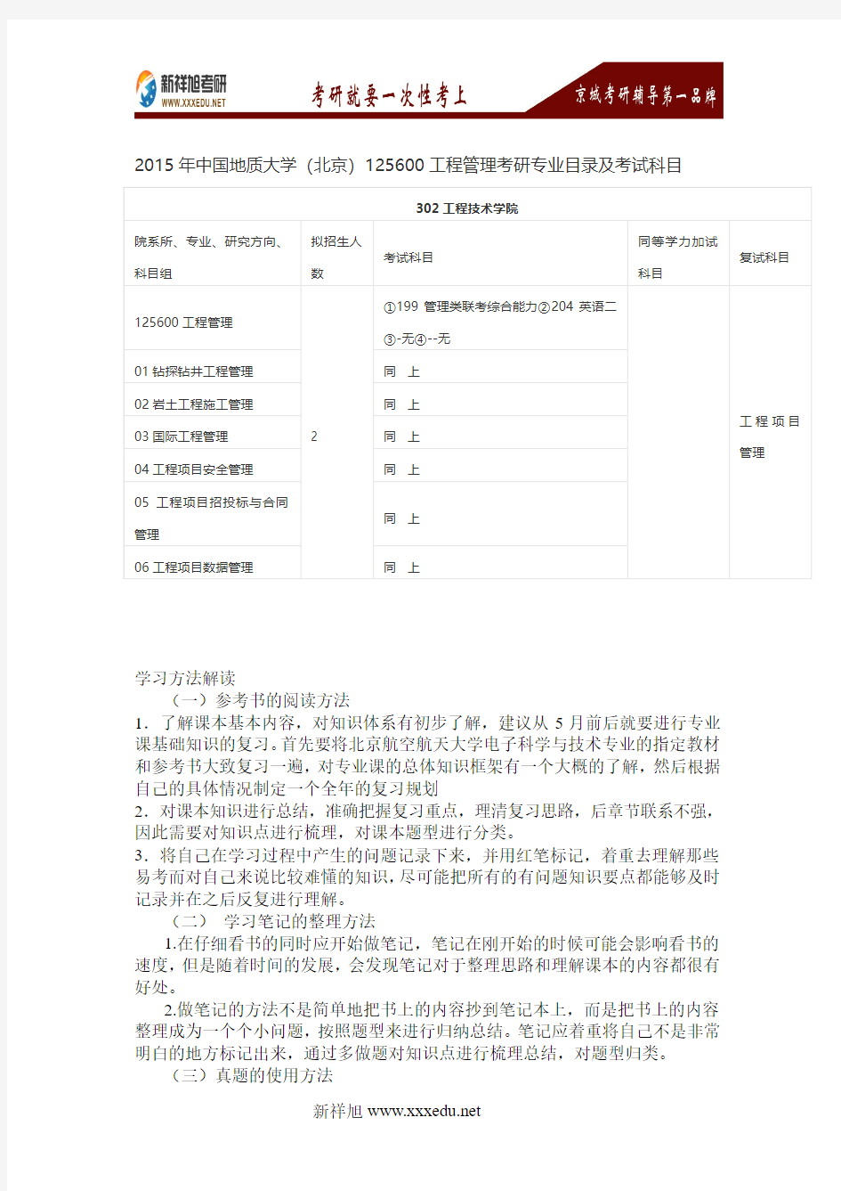 2015年中国地质大学(北京)125600工程管理考研专业目录及考试科目