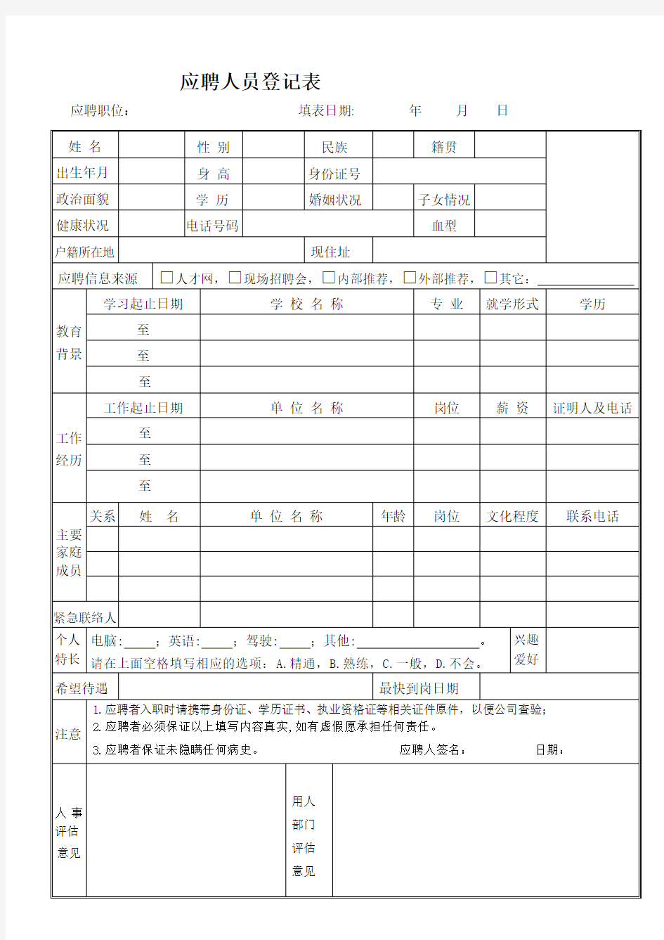 应聘人员登记表最新 范本