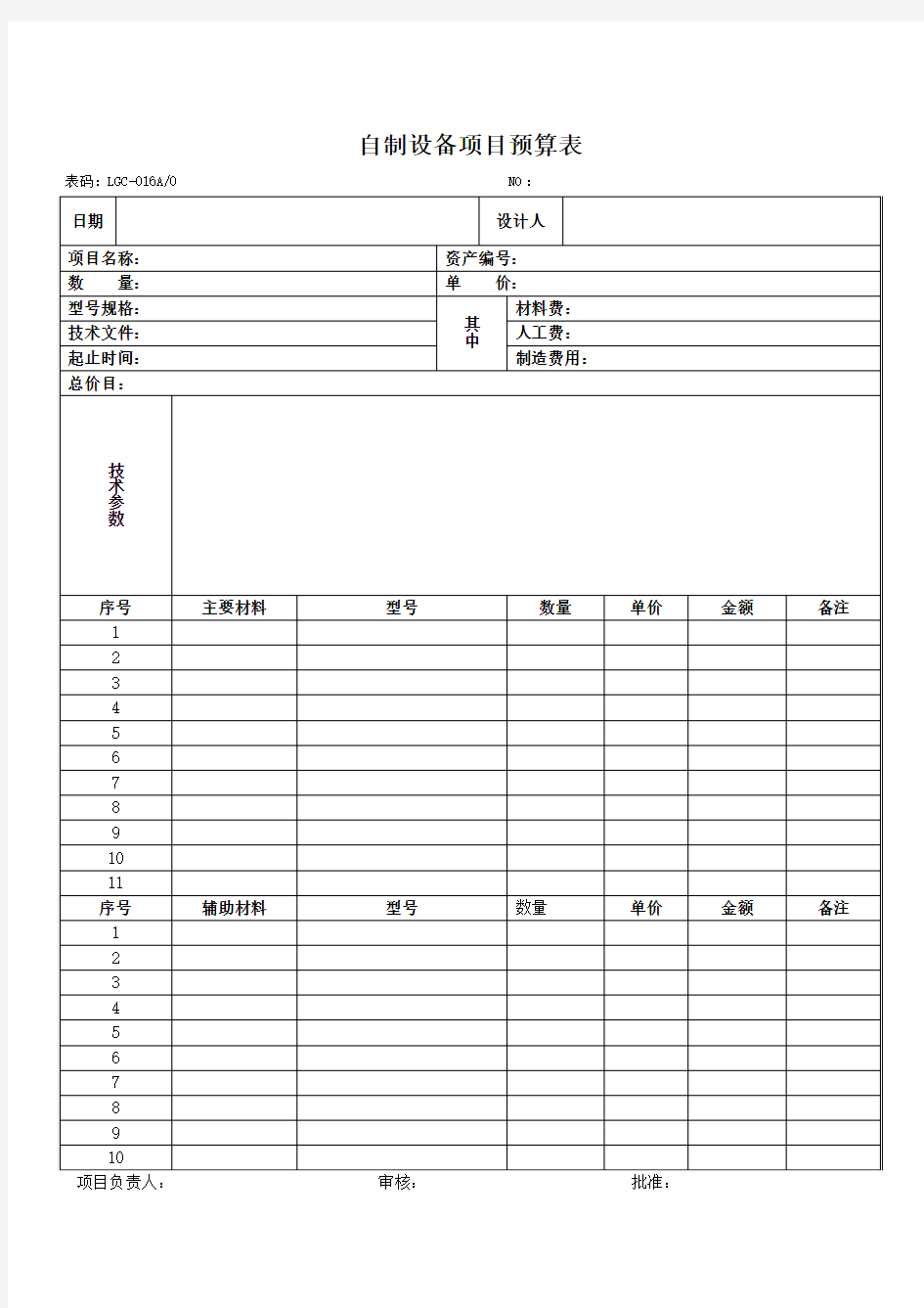 自制设备项目预算表