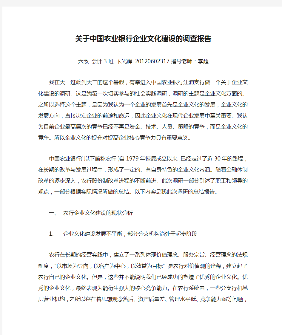 关于中国农业银行企业文化建设的调查报告