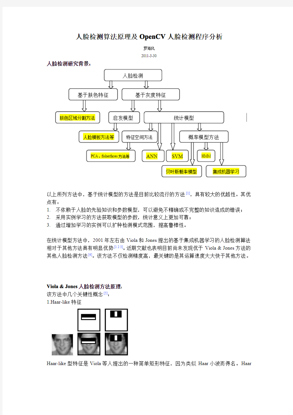 人脸检测算法原理及OPENCV人脸检测程序分析