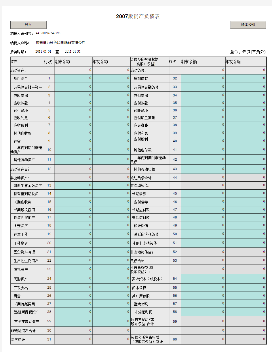 2007版财务报表资产负债表