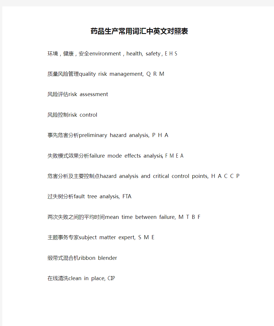 药品生产常用词汇中英文对照表