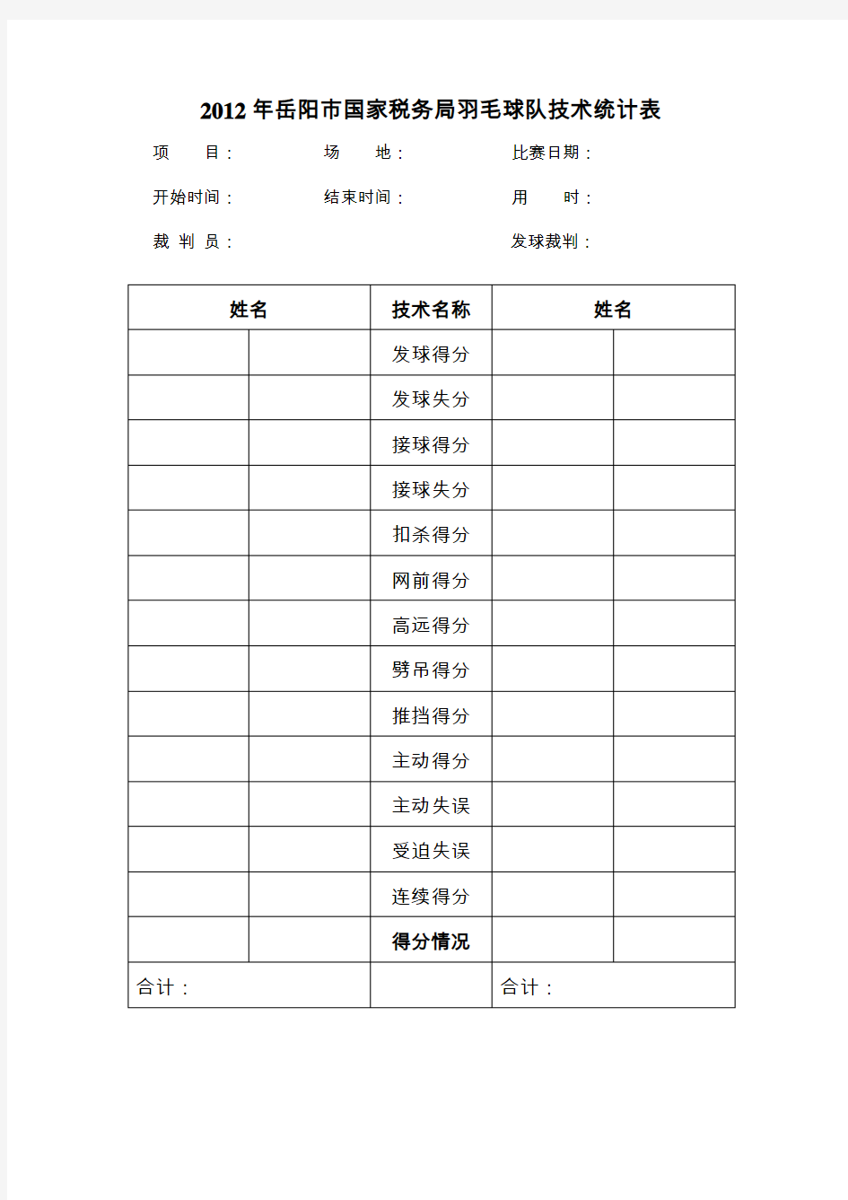 羽毛球比赛技术统计表