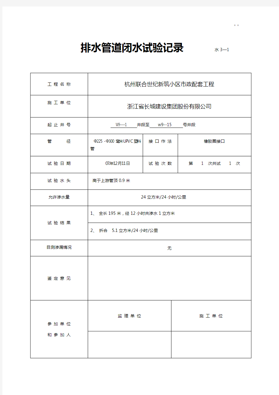 排水管道闭水试验资料收集