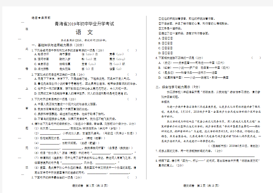 2019年青海省中考语文试卷含答案