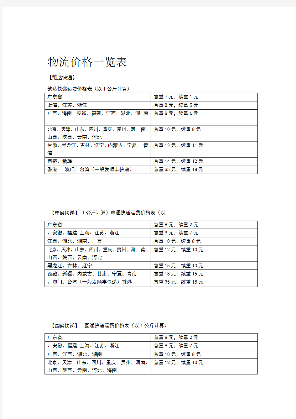 物流价格一览表