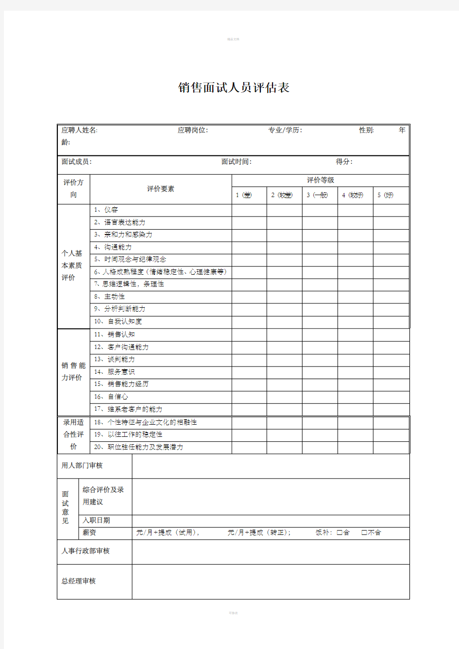 销售人员面试评估表