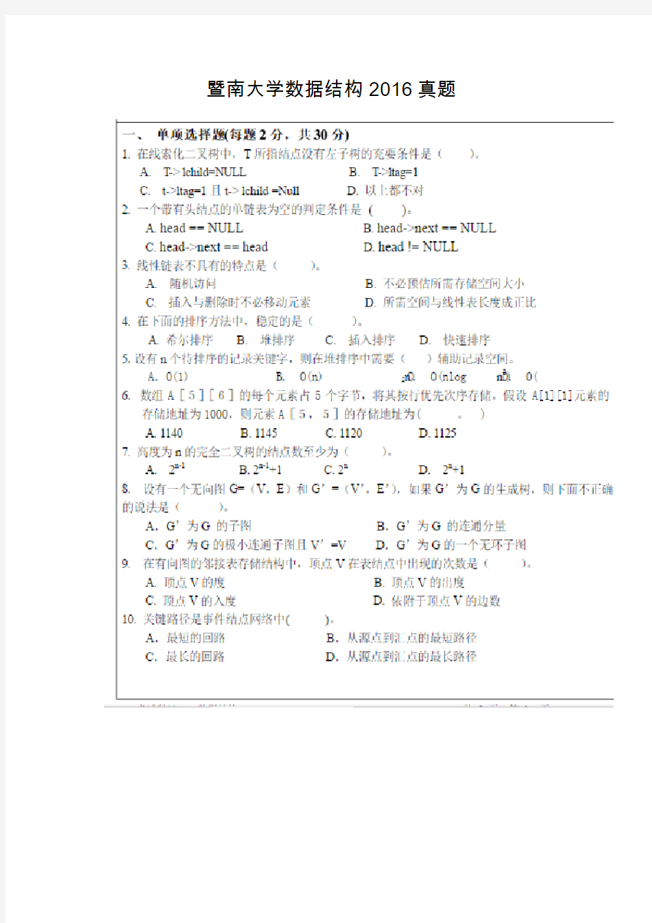 2016年暨南大学830数据结构真题.