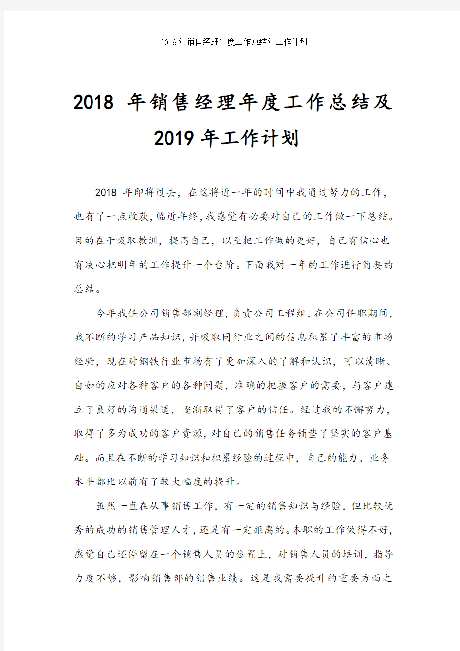 2019年销售经理年度工作总结及2017年工作计划