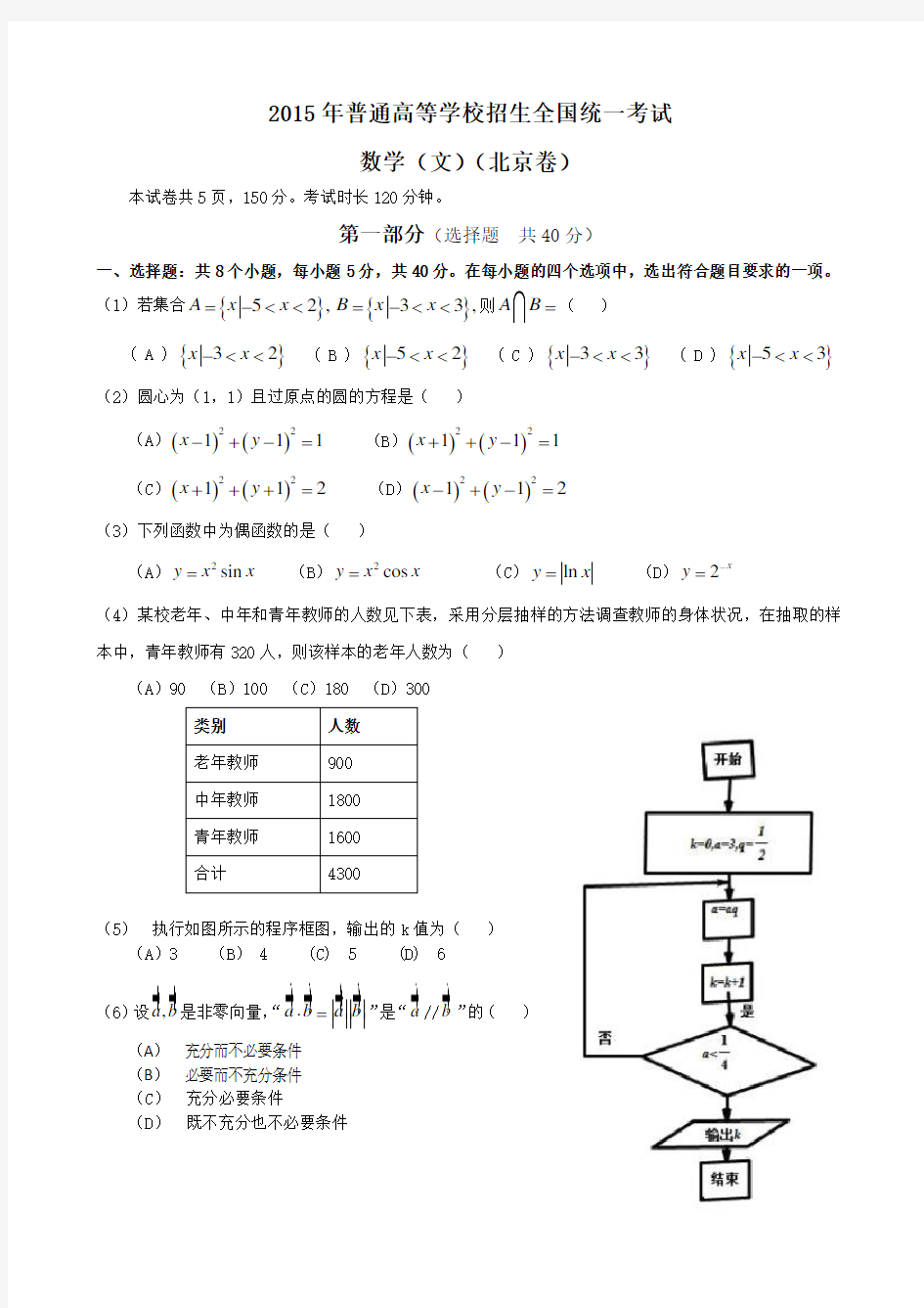 2015年北京高考数学(文)试题及答案