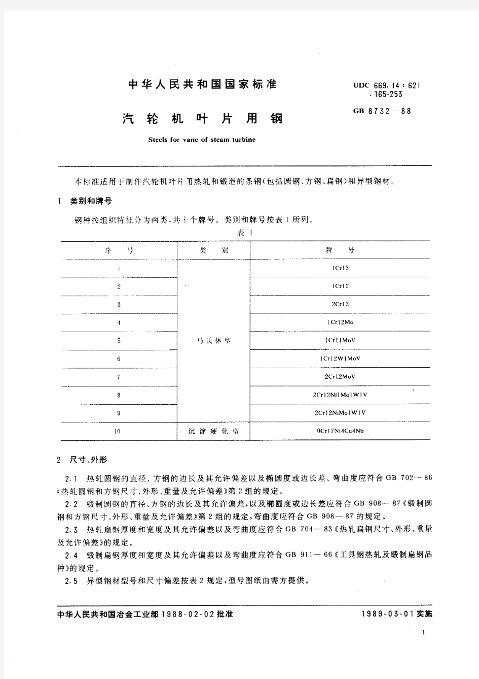 汽轮机叶片用钢(标准状态：被代替)