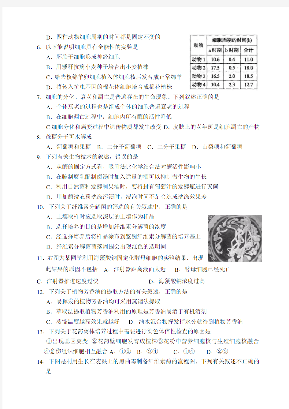 全国中学生生物学联赛高中组预赛试题及答案