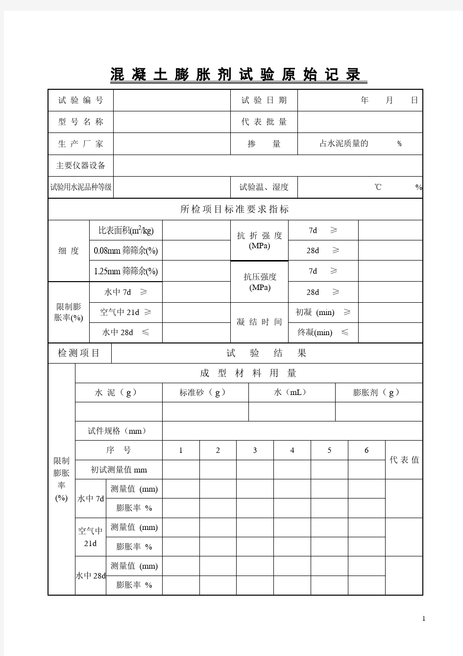 混凝土膨胀剂试验原始记录