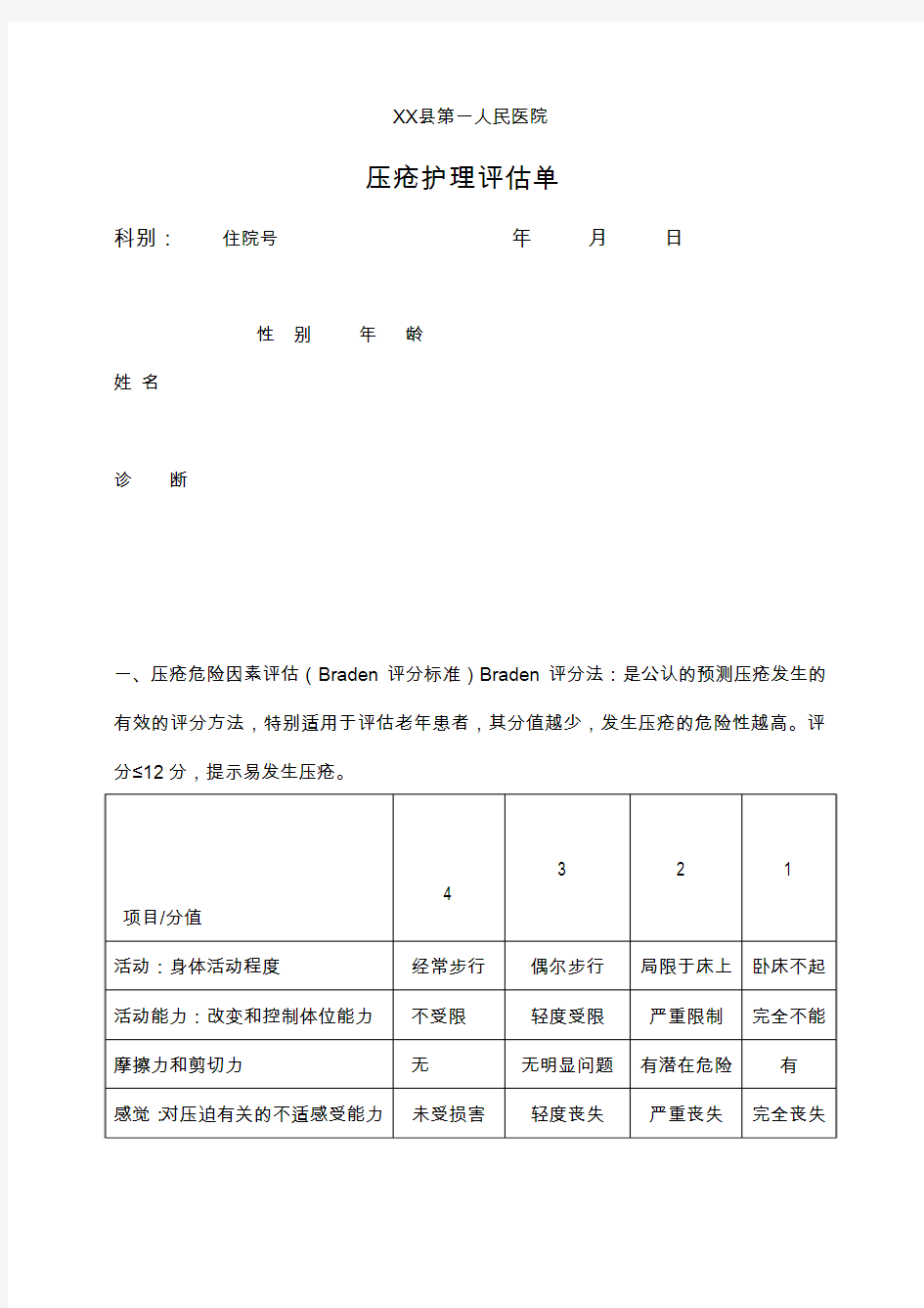 最新医院压疮护理评估表