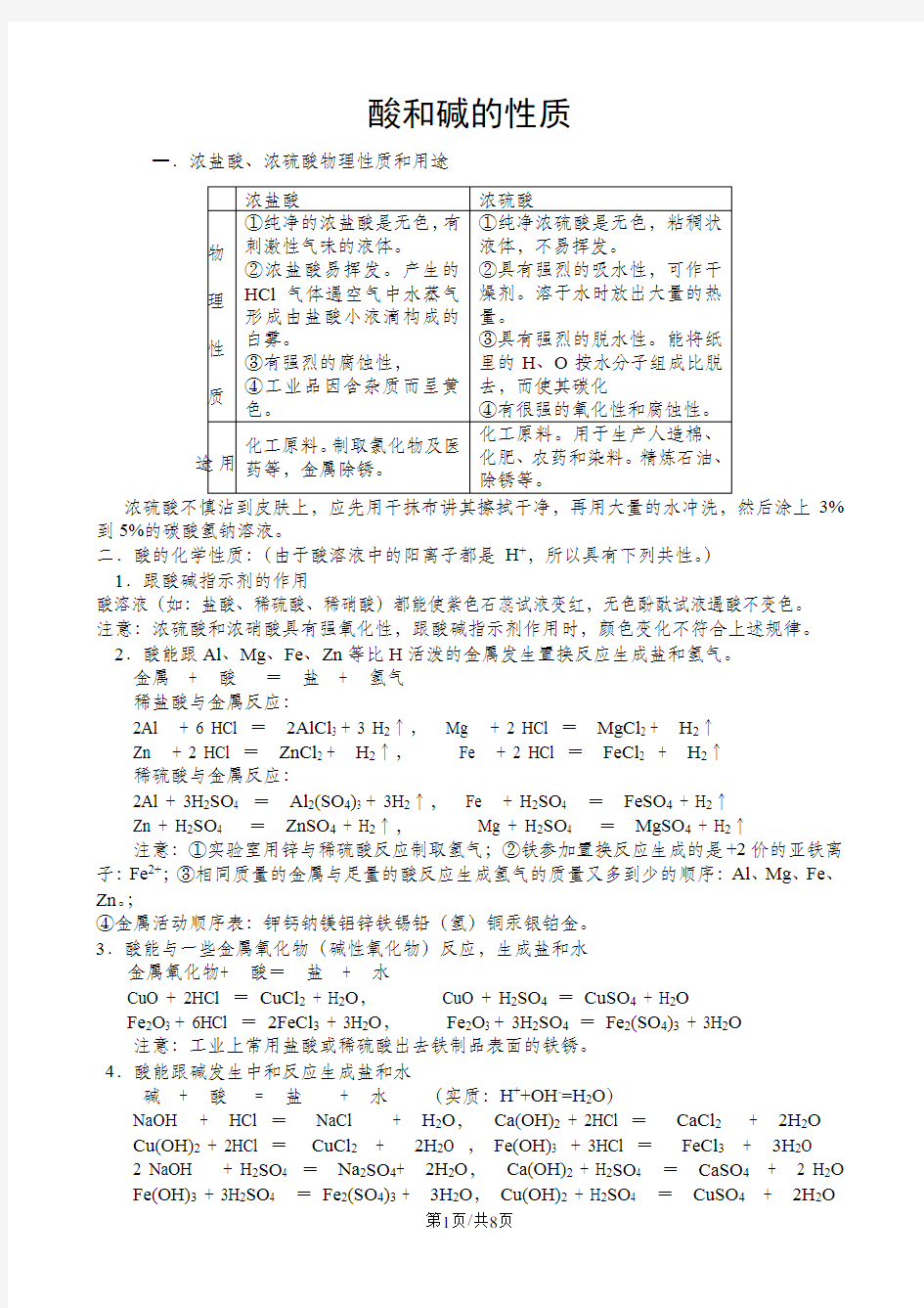 人教版九年级下册化学 第十单元 酸和碱 知识点归纳