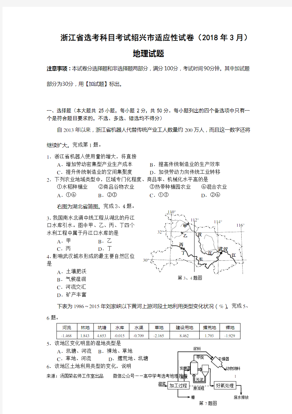 2018年3月绍兴市选考地理科目诊断性考试试题及答案解析