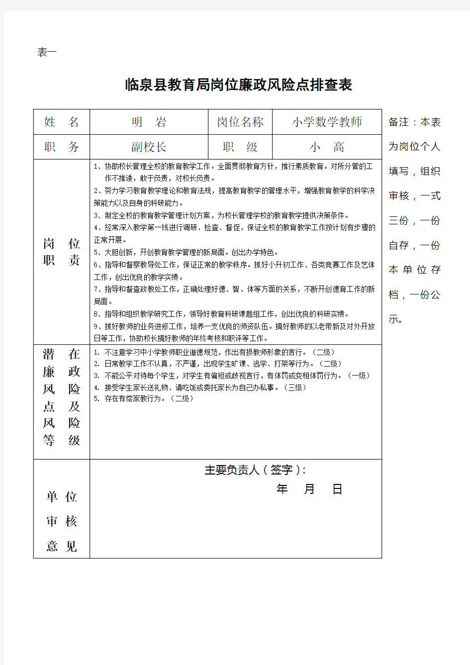 教师个人岗位廉政风险点自查及防控承诺表