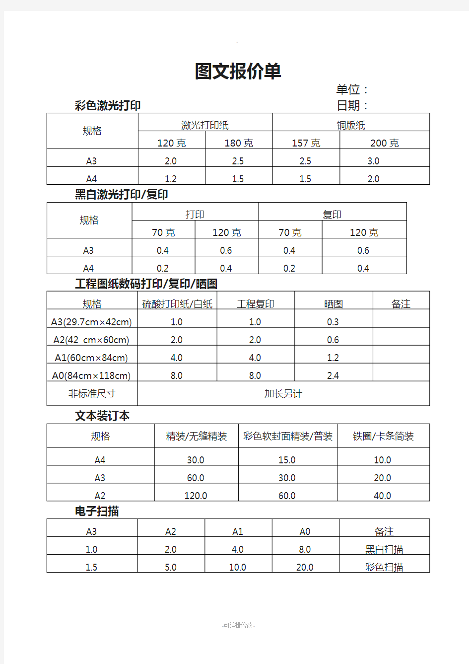 图文快印报价单