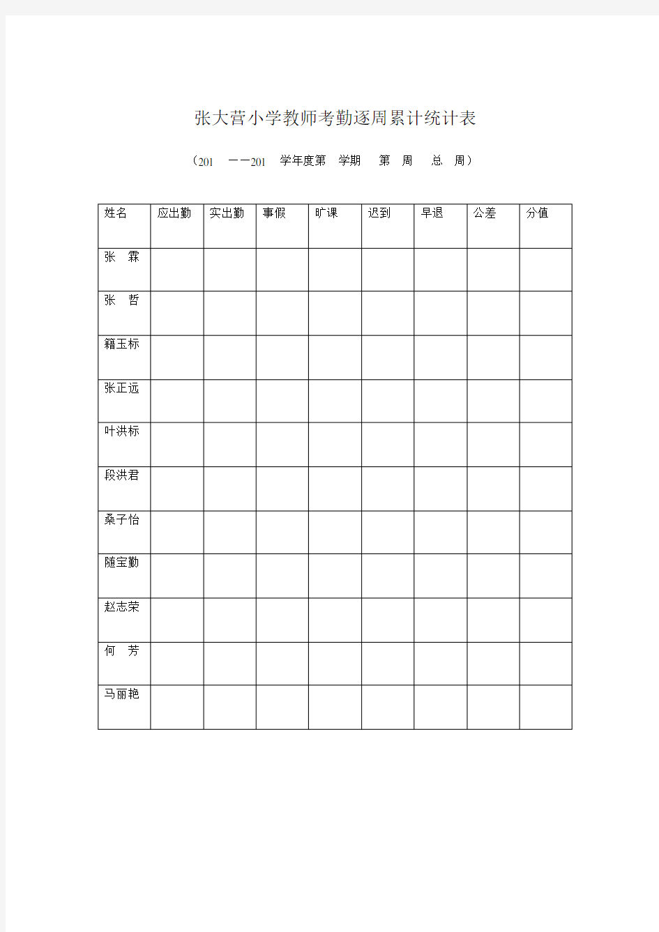 张大营小学教师考勤逐周累计统计表