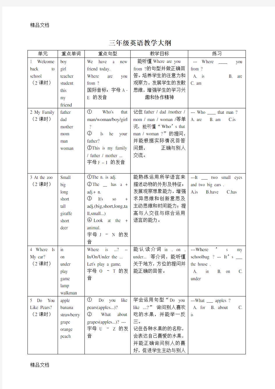 三年级英语教学大纲教学内容