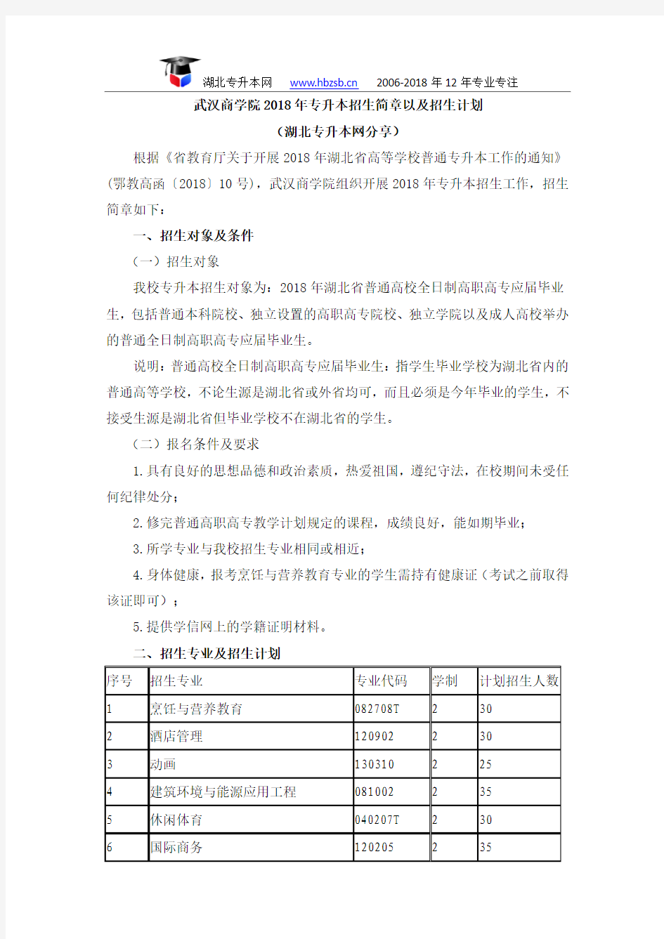 武汉商学院2018年专升本招生简章以及招生计划