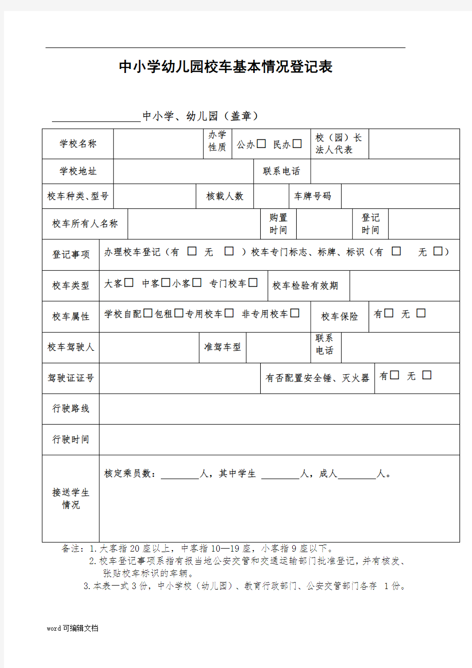 【幼儿园】校车基本情况登记表