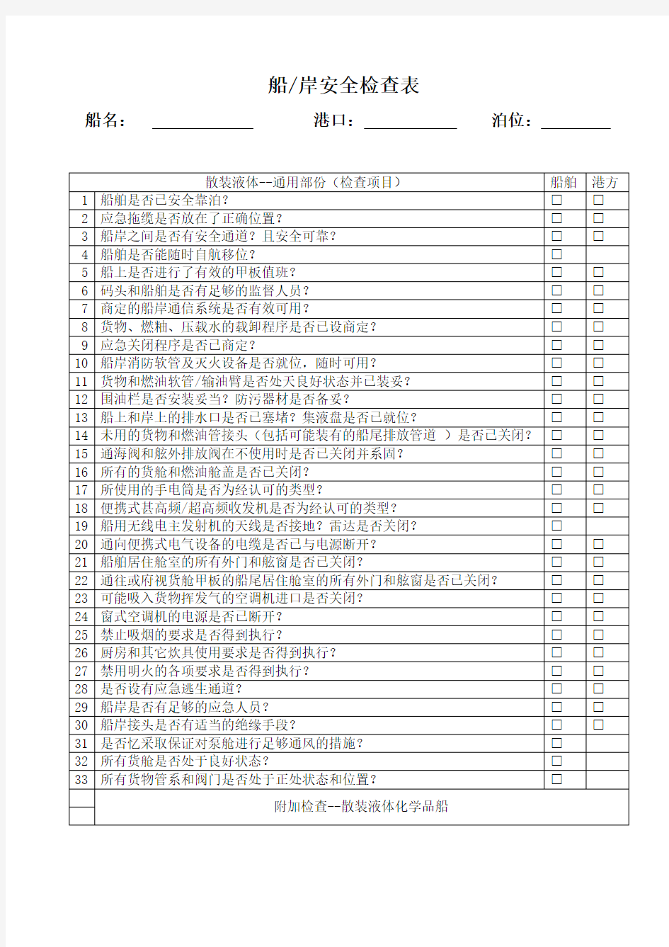 船岸安全检查表