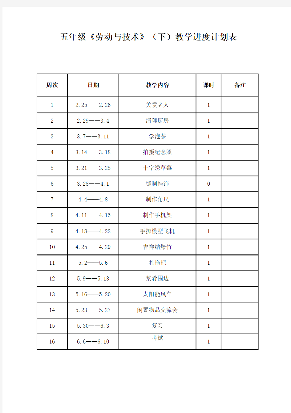 五年级《劳动与技术》正册教案