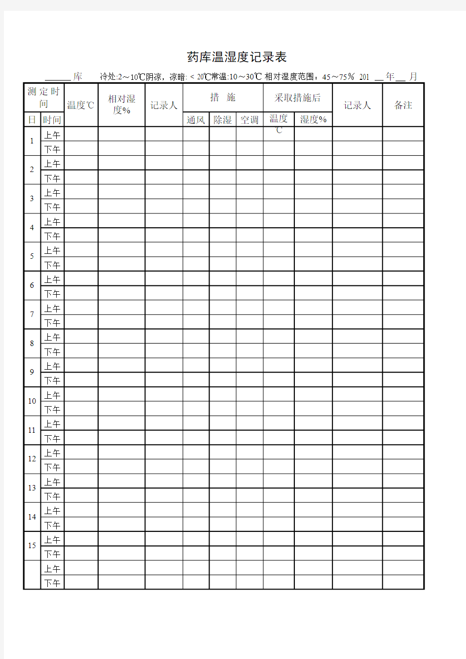库房温湿度记录表表