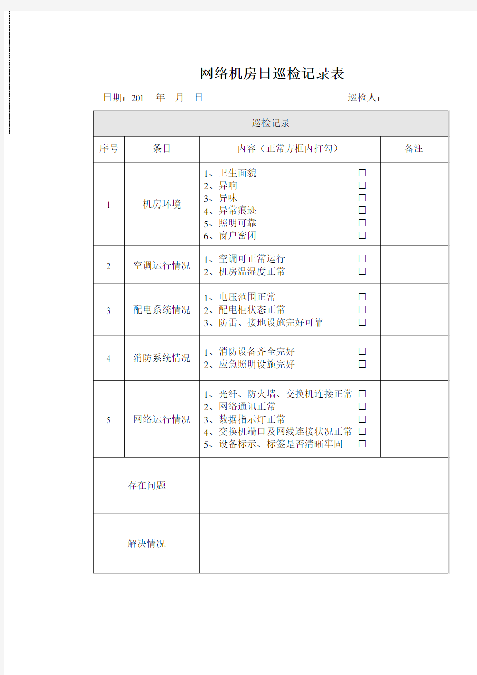 网络机房日巡检记录表