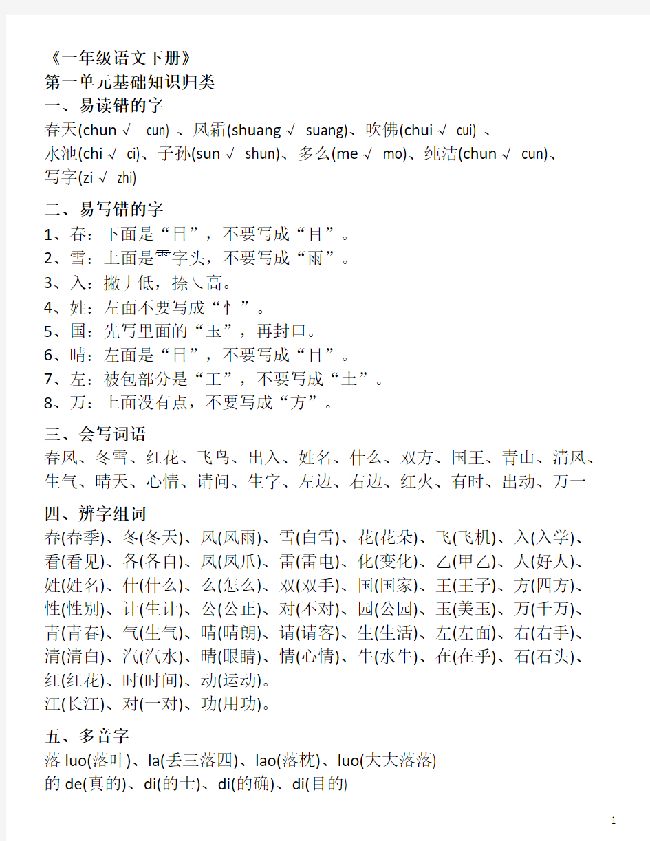 小学语文一年级下册单元基础知识归类