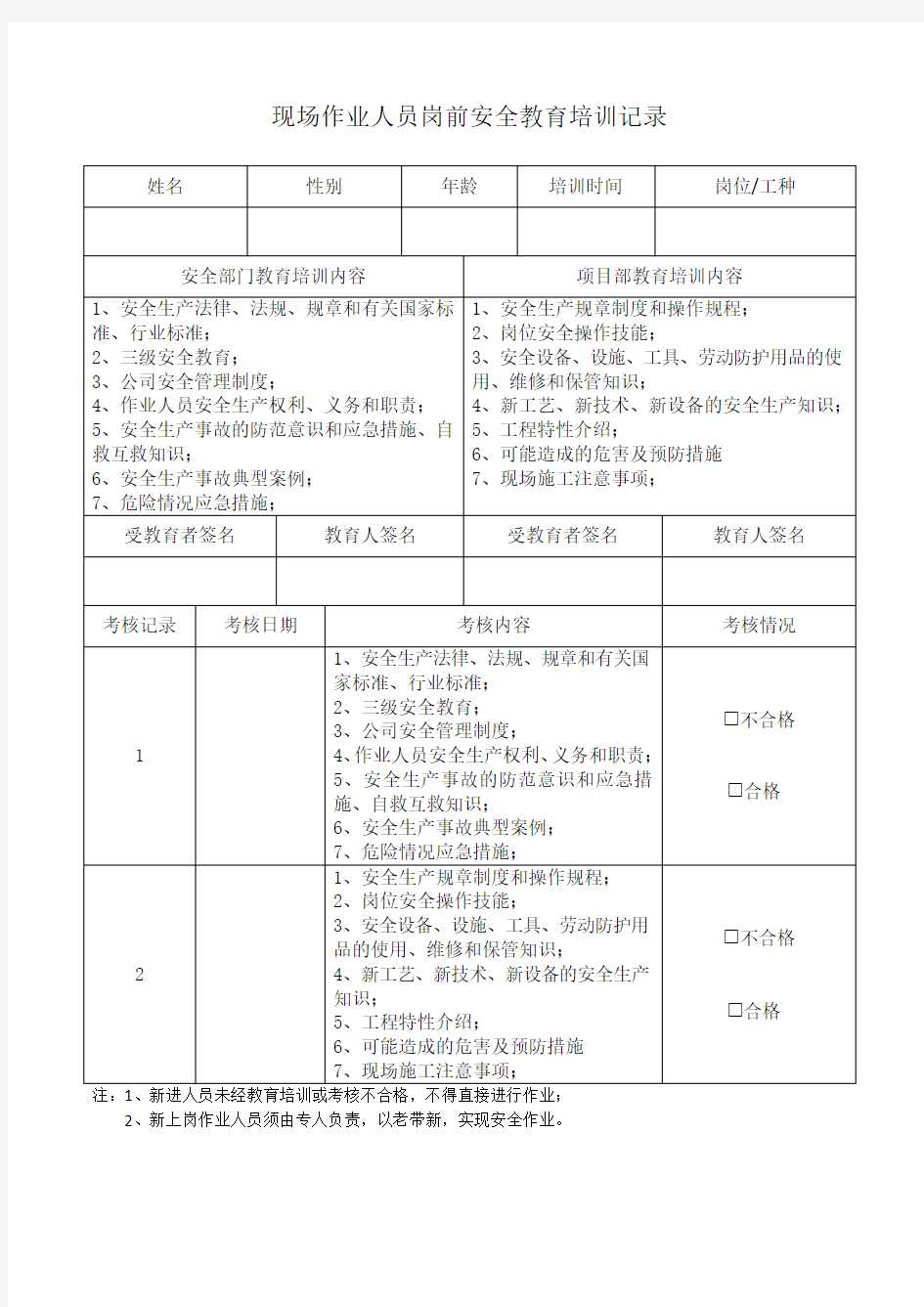 从业人员岗前安全生产教育培训记录